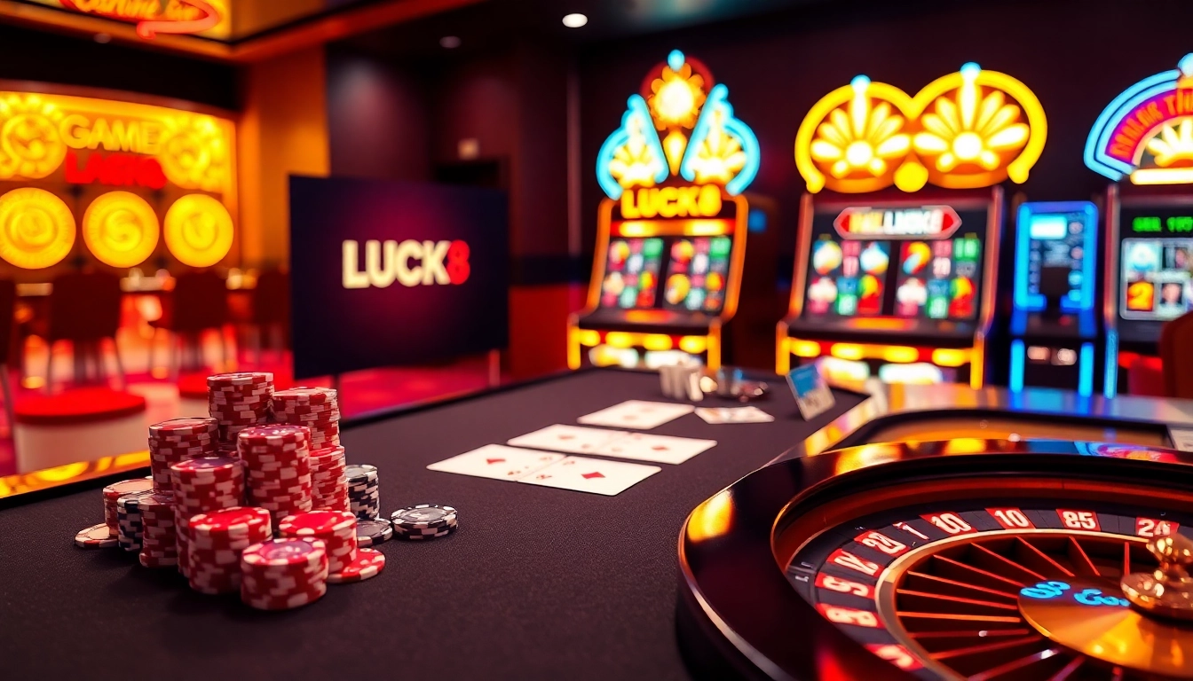 Engaging scene of gamblers enjoying Game LUCK8 at an upscale casino table with vibrant poker chips.