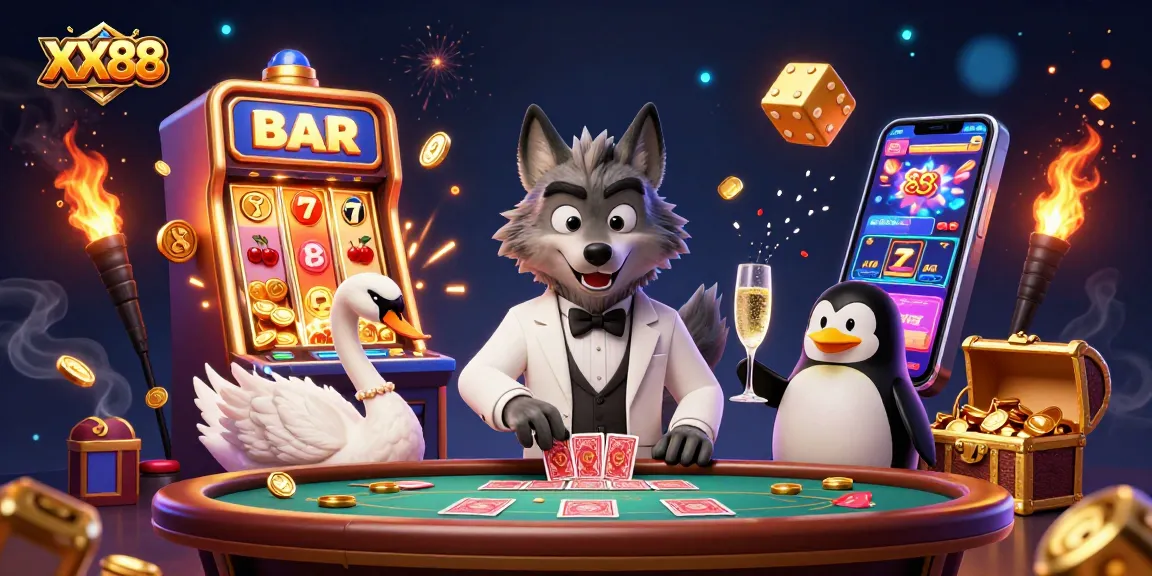 Experience top-tier gaming at XX88 with a vibrant illustration of baccarat and slots in action.