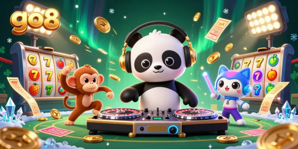 Experience the thrill of go8 with DJ panda and vibrant characters amidst dazzling slot games.