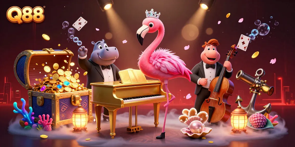 Engage in the excitement at Q88 with a vibrant casino lounge scene featuring unique characters and games.