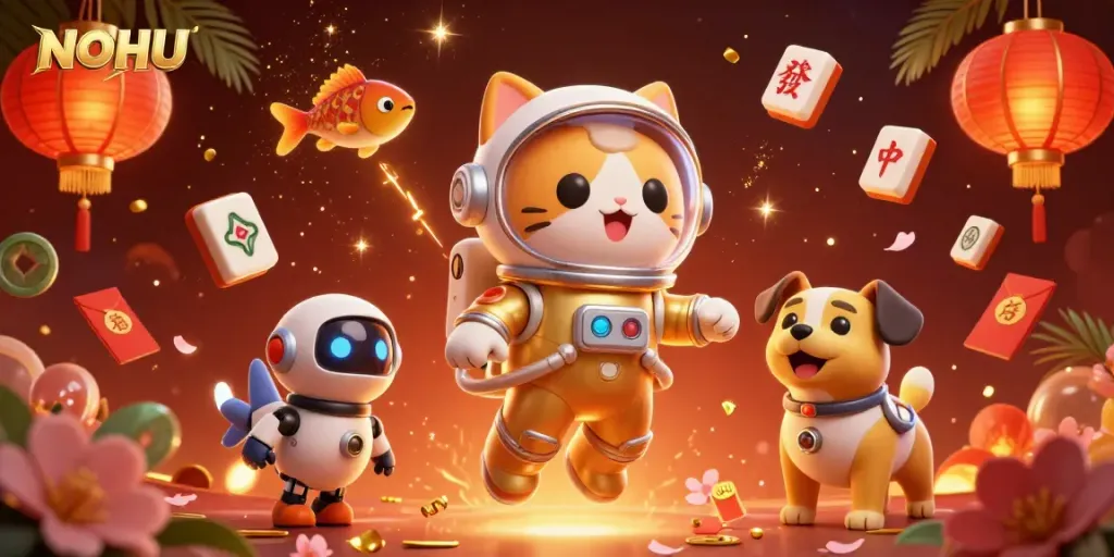 Experience a thrilling jackpot adventure with NOHU as space-themed characters celebrate in a vibrant cosmic casino.