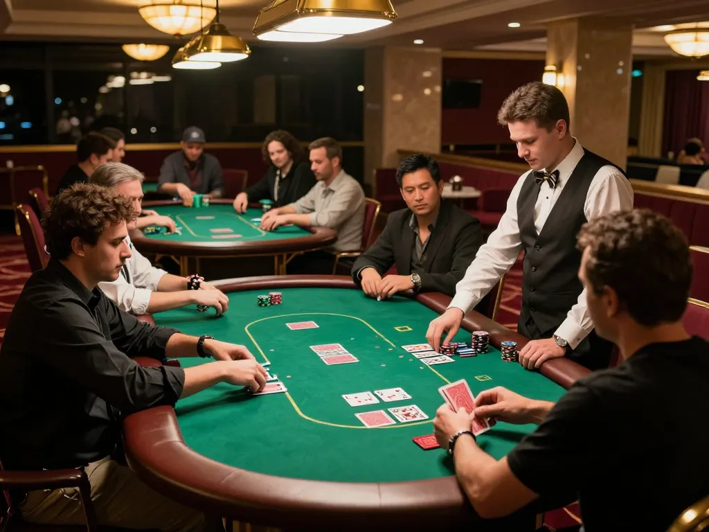 Engaged players at KK55's lively poker game, showcasing expert gameplay and excitement.
