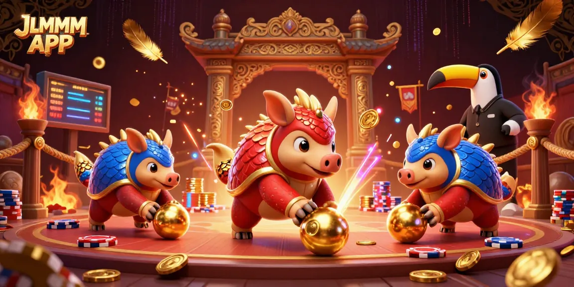 Experience thrilling gameplay with JLMMM APP, featuring animated pangolins in a vibrant casino scene.