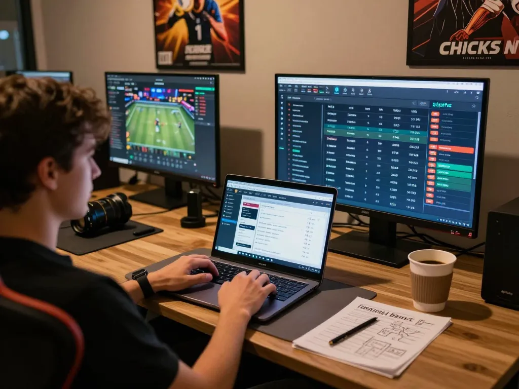 Engaged bettor using Bsport app on laptop for live sports betting