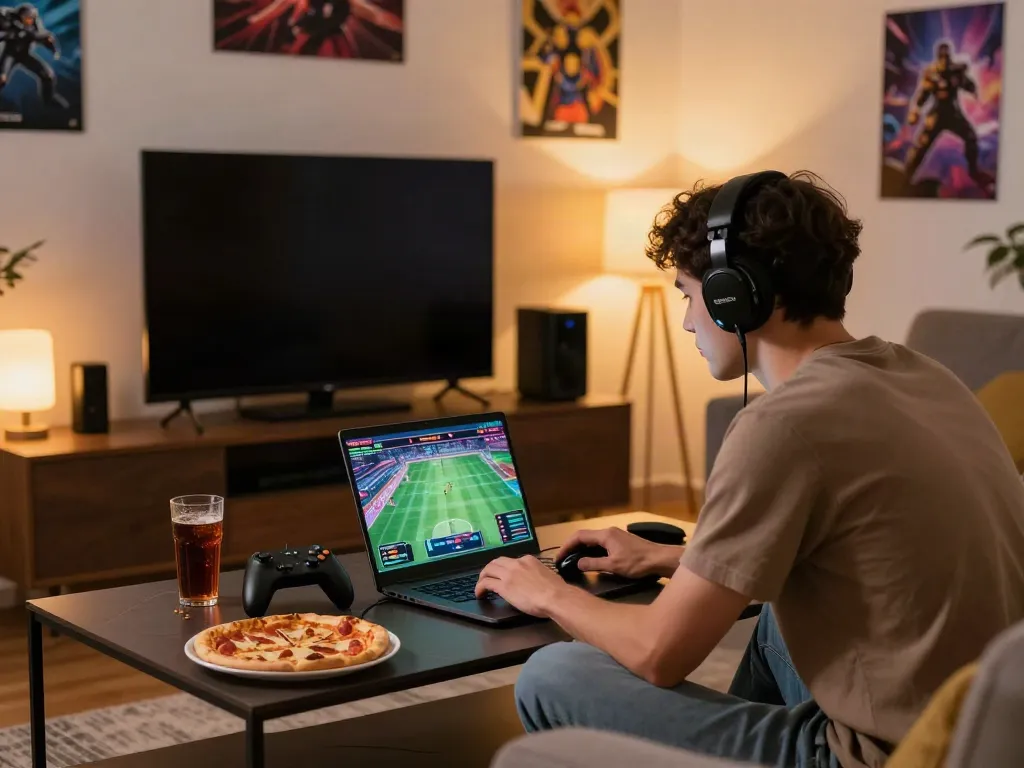 Exciting online betting experience with 11bet.com on a laptop, casual gamer in a modern living room.
