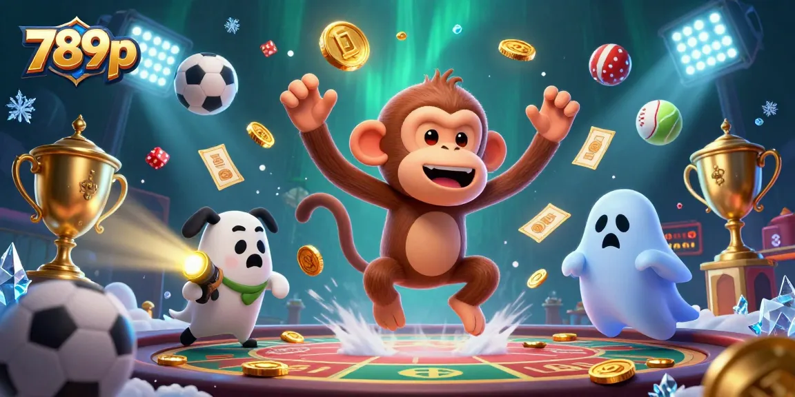 Immerse in a thrilling 789p casino adventure with a ghost-hunter puppy tracking a mischievous monkey juggler amidst vibrant casino elements.