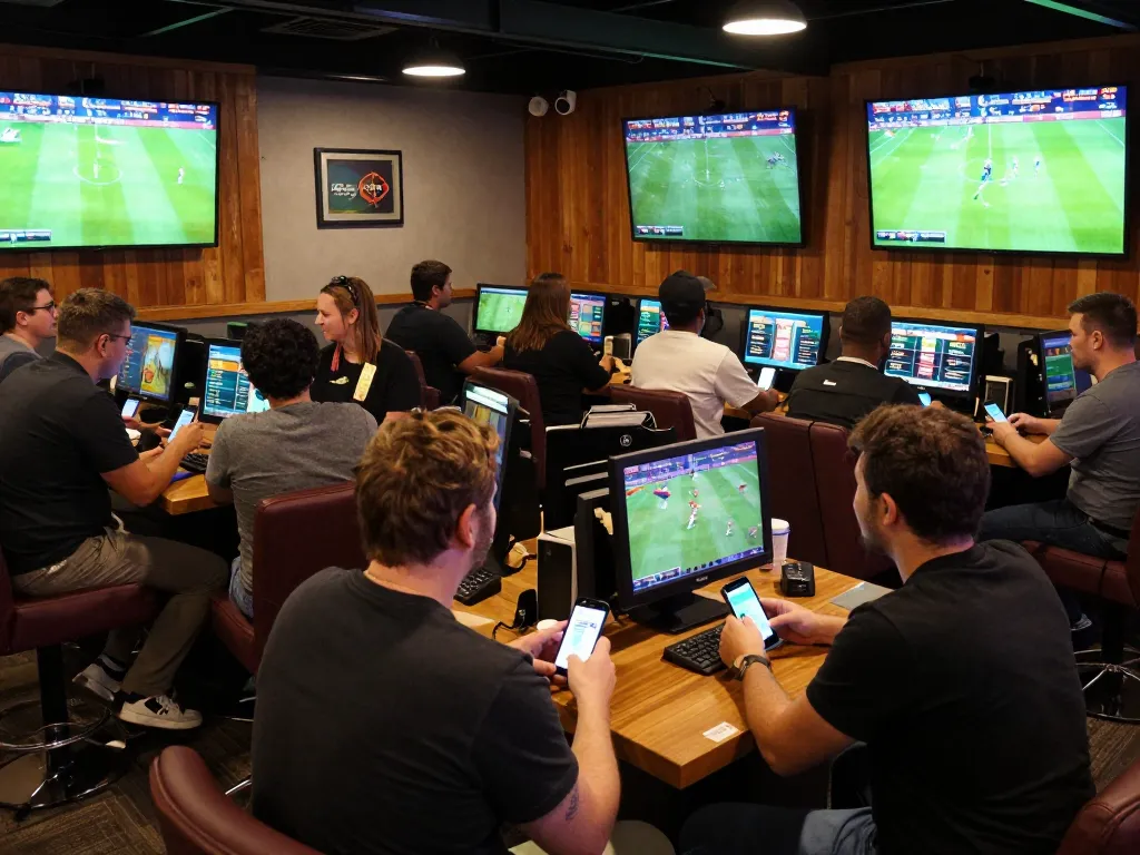 Bettors analyzing odds and placing wagers at Bongdallu's sports betting lounge filled with excitement
