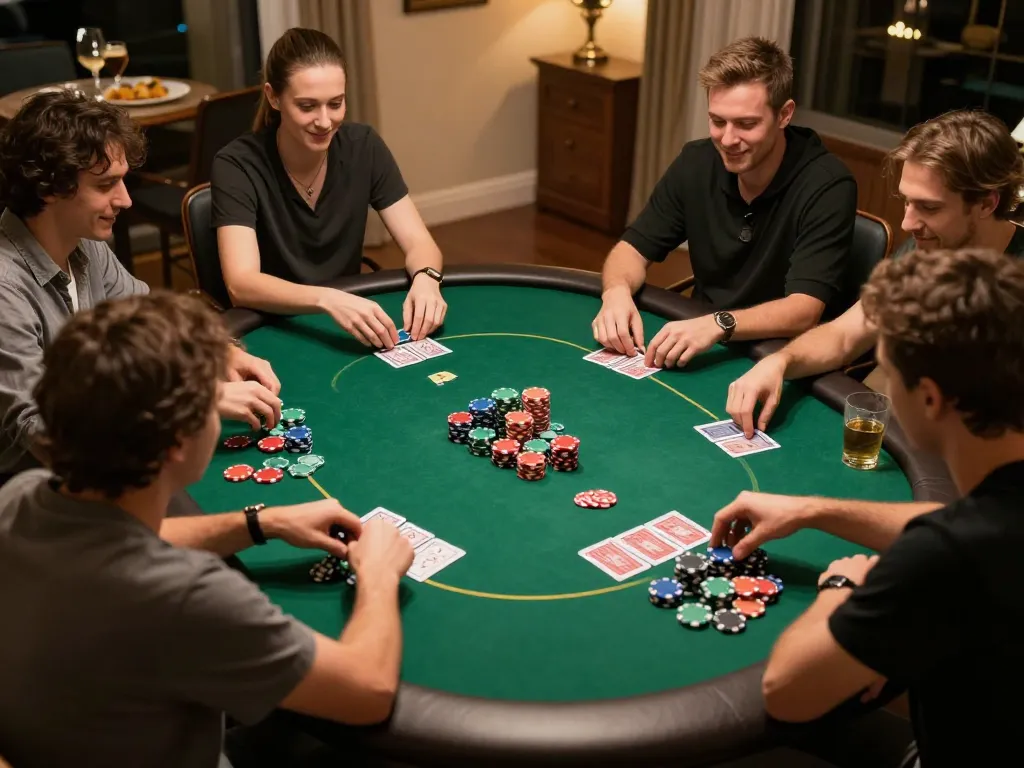 Friends enjoying a competitive poker night while playing 92slot cards with snacks and drinks.