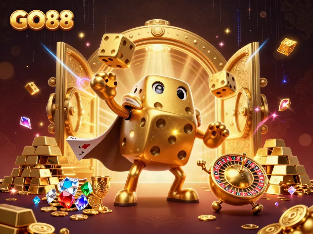 Experience GO88 with an ultra-detailed 3D illustration showcasing a golden dice golem amidst treasure and casino elements.