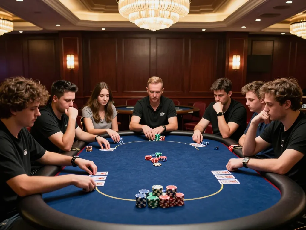 Engaged players at a poker table on gamebaidoithuong8 site strategizing bets in a luxurious casino.