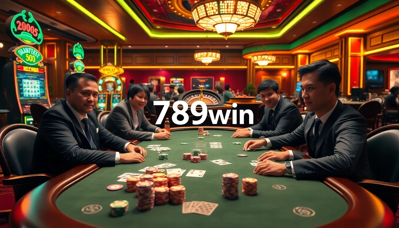 Gamblers enjoying a high-stakes game at a luxurious casino table, showcasing 789win's vibrant atmosphere.