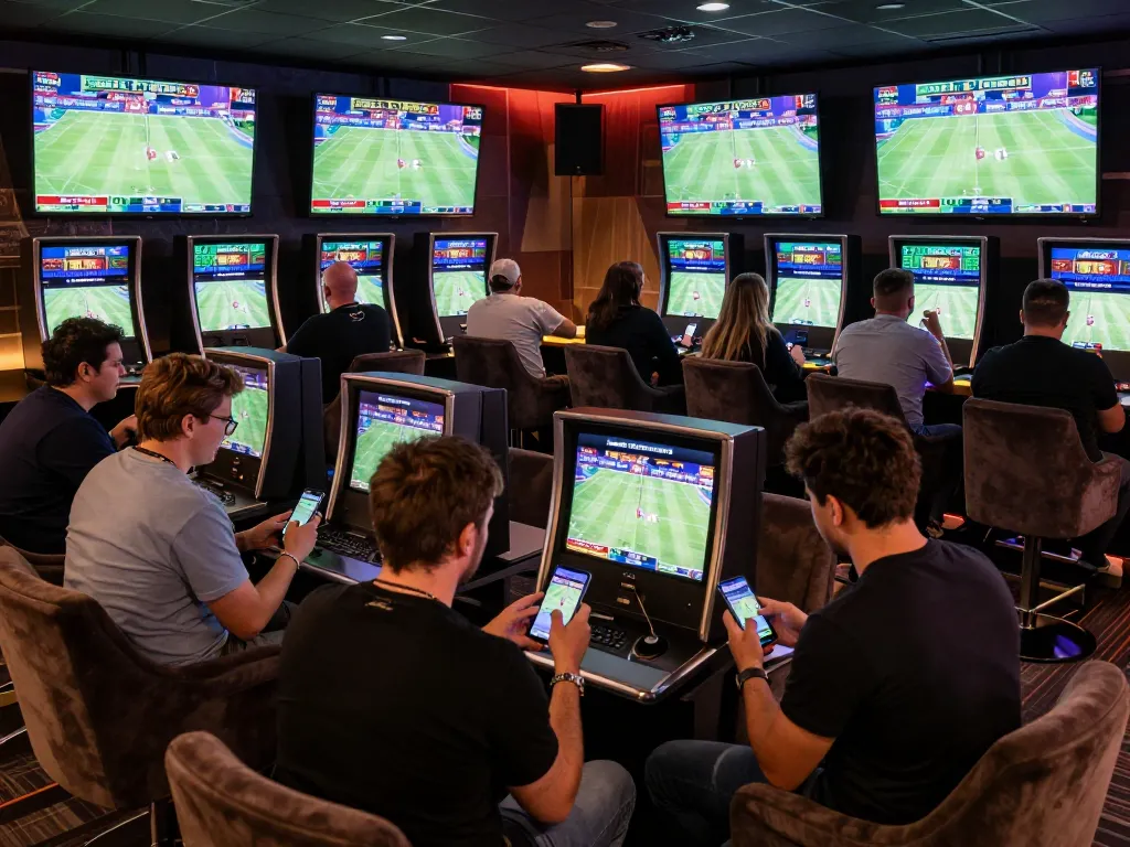 Kèo Nhà Cái 5 betting scene with enthusiastic bettors engaging in strategic decisions at a luxury sports lounge.