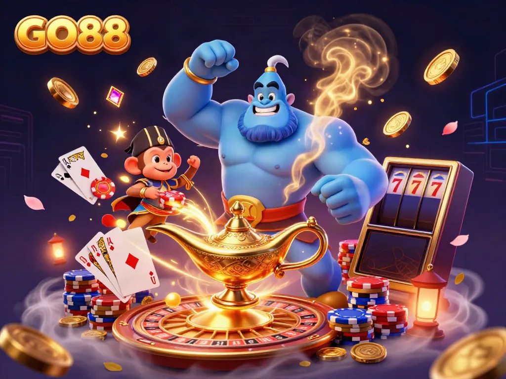 Experience exhilarating gaming at GO88 with a vibrant scene of a genie, monkey, and dynamic casino elements.