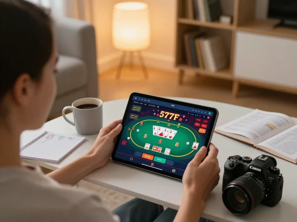 Player engaging with 577F casino app on tablet, showcasing a cozy gaming atmosphere.