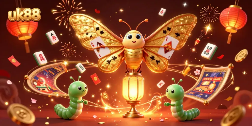Win big at uk88 with vibrant casino-themed illustration featuring golden moth and festive elements.