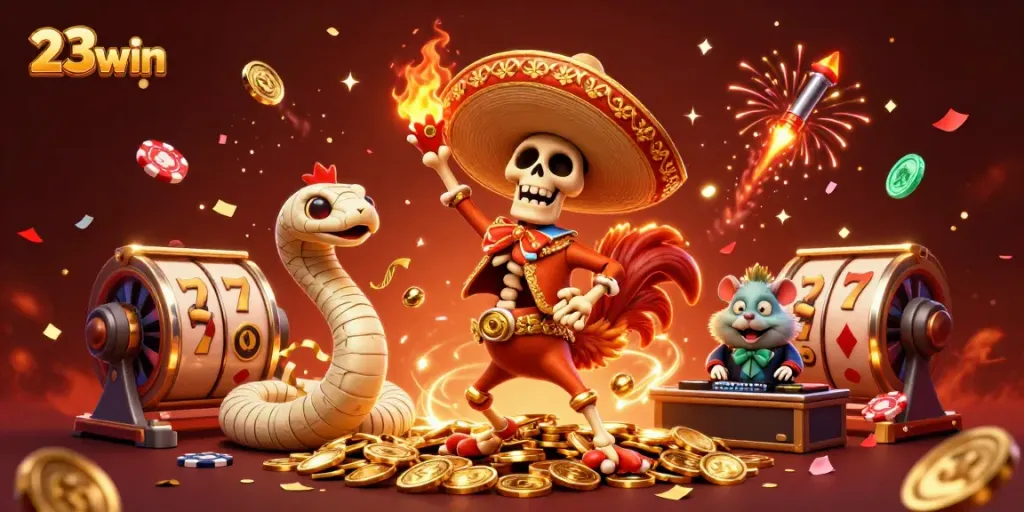 Experience the excitement of 23win with vibrant characters celebrating amidst slots and confetti.