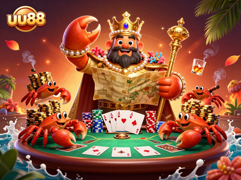 Experience the excitement of uu88 with a golden crab emperor leading a vibrant casino scene.