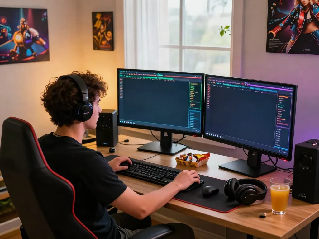 Engaged player at online gaming setup on https://www.78wind.love/, featuring colorful graphics and ambient lighting.