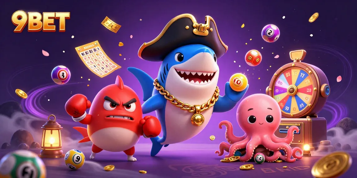 Engage with 9BET's dynamic gambling world, featuring a pirate shark, pufferfish, and octopus amidst lottery fun.