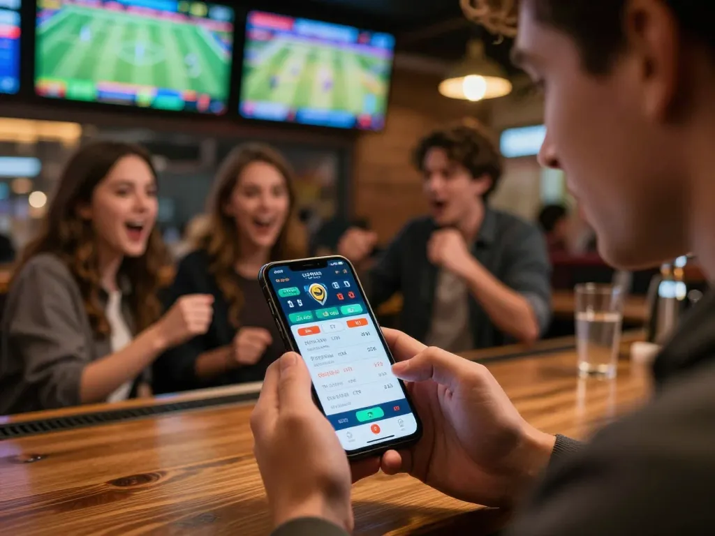 Engage in live sports betting at https://go8.agency/ with friends in a lively bar atmosphere showcasing excitement.