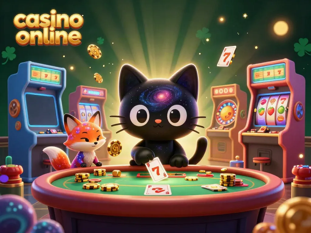 Experience the thrill of casino online with a black hole cat and a nebula fox at a cosmic gaming table.