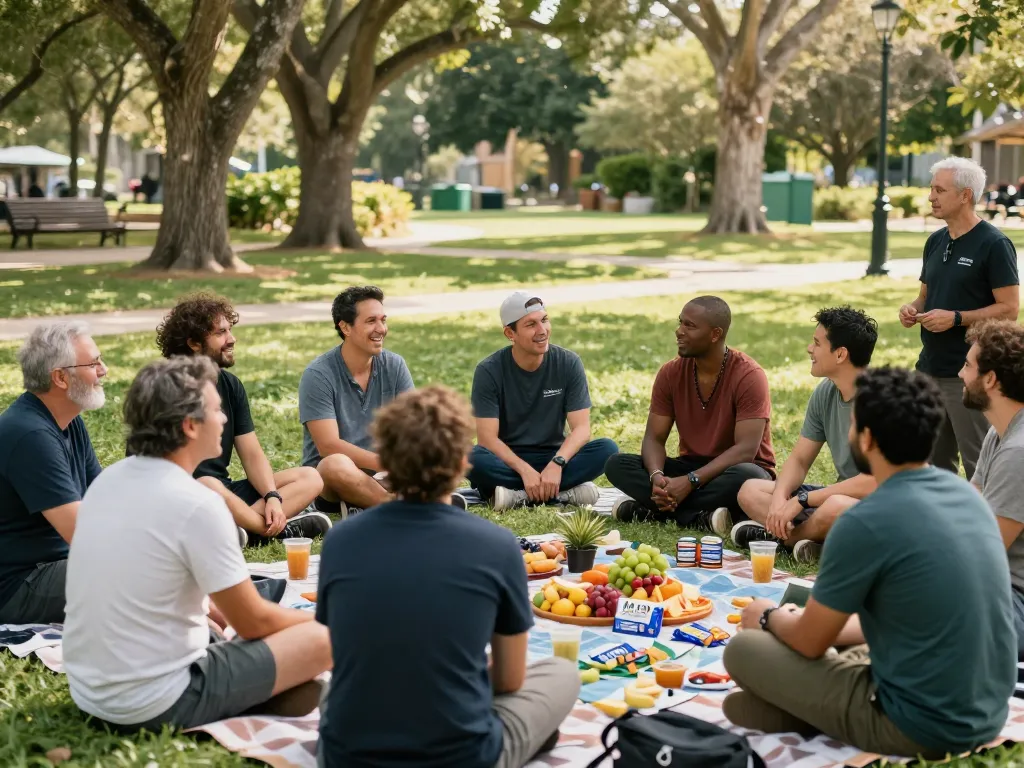 A supportive gathering of men at a ManClub event in a park, enjoying conversation and connection.