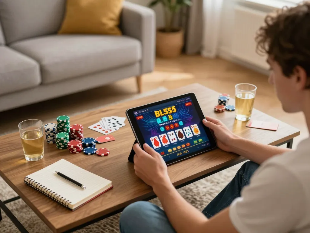 Experience the thrill of playing on BL555 không bị chặn in a cozy home setting with a tablet display.