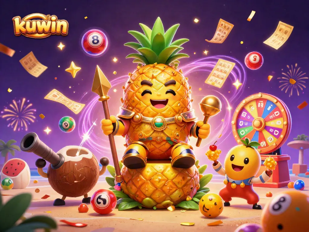 Engage with exciting kuwin gaming as a golden pineapple king reigns over a vibrant casino scene.