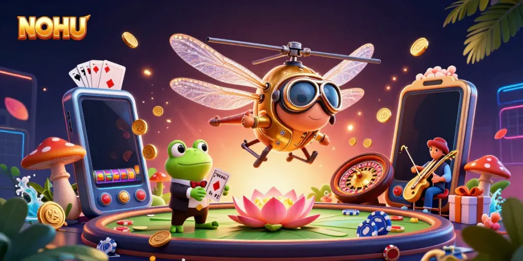 NOHU casino illustration featuring a unique dragonfly pilot, frog croupier, and vibrant gaming elements.