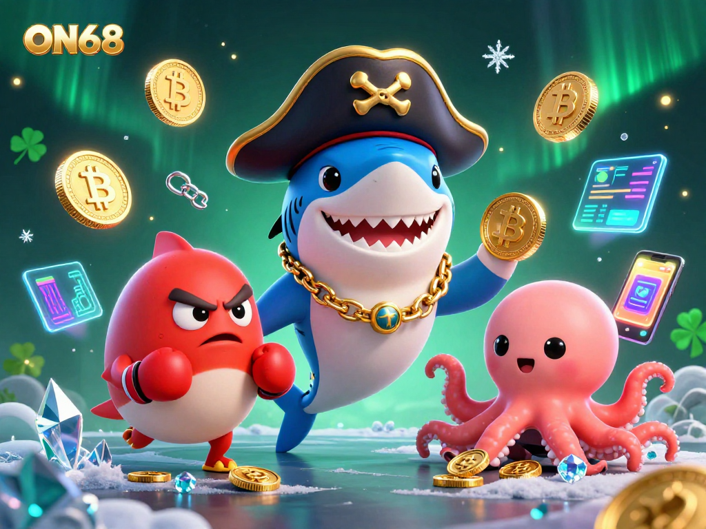 Experience exciting wins with ON68, showcasing a pirate shark and friends amidst crypto elements.
