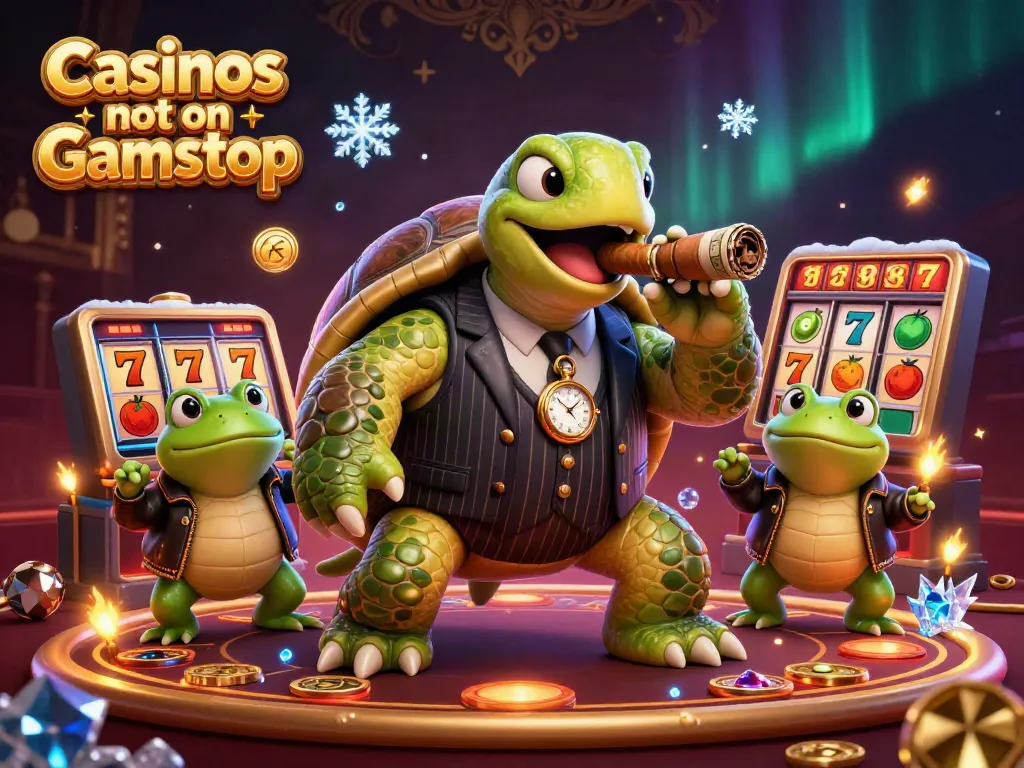Engage in thrilling fun at Casinos not on Gamstop featuring a mobster turtle and bullfrogs amid slot machines.