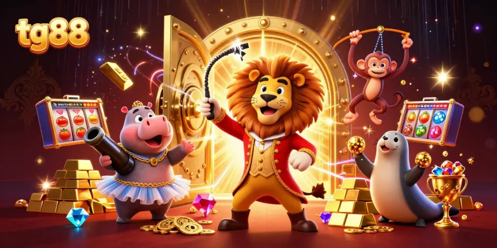 Experience thrilling gameplay at tg88 with our vibrant circus-themed casino illustration featuring exciting game elements.