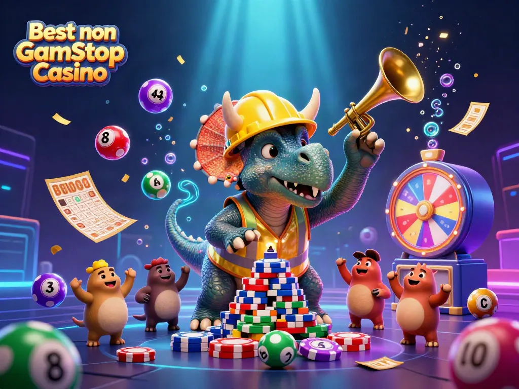Build excitement at the Best non Gamstop Casino with cheerful dinosaurs celebrating over poker chips.