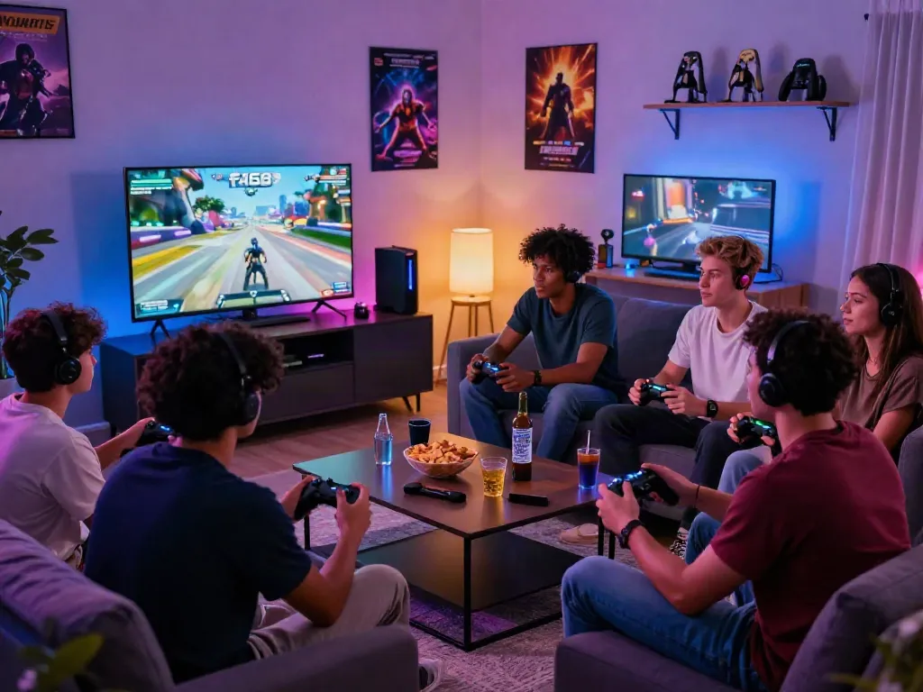 Friends enjoying the game f168 in a stylish gaming setup with vibrant lights and snacks.