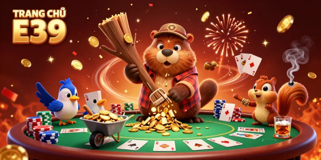Experience TRANG CHỦ E39 with a vibrant scene of a beaver collecting golden coins at a lively poker table.