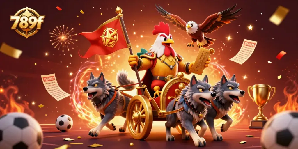 Experience thrilling gameplay at 789f with a dynamic casino scene featuring a rooster warlord and sports betting elements.