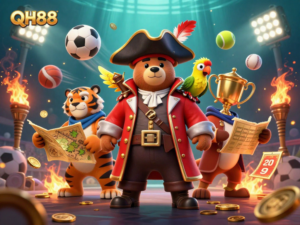 Join the fun at QH88 with an action-packed scene featuring a pirate captain, his tiger mate, and exciting sports elements.