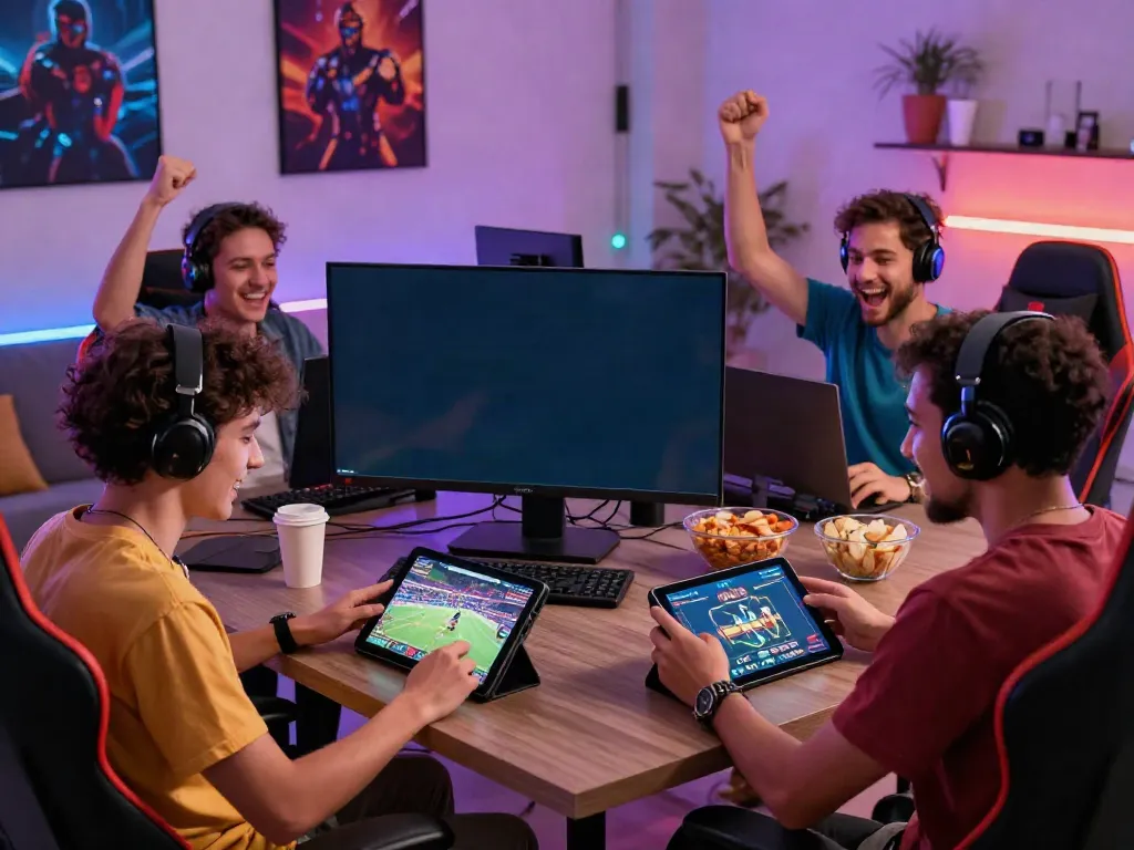 Excited friends enjoying online gaming at https://c168slot2.com/ showcasing a vibrant, social environment.