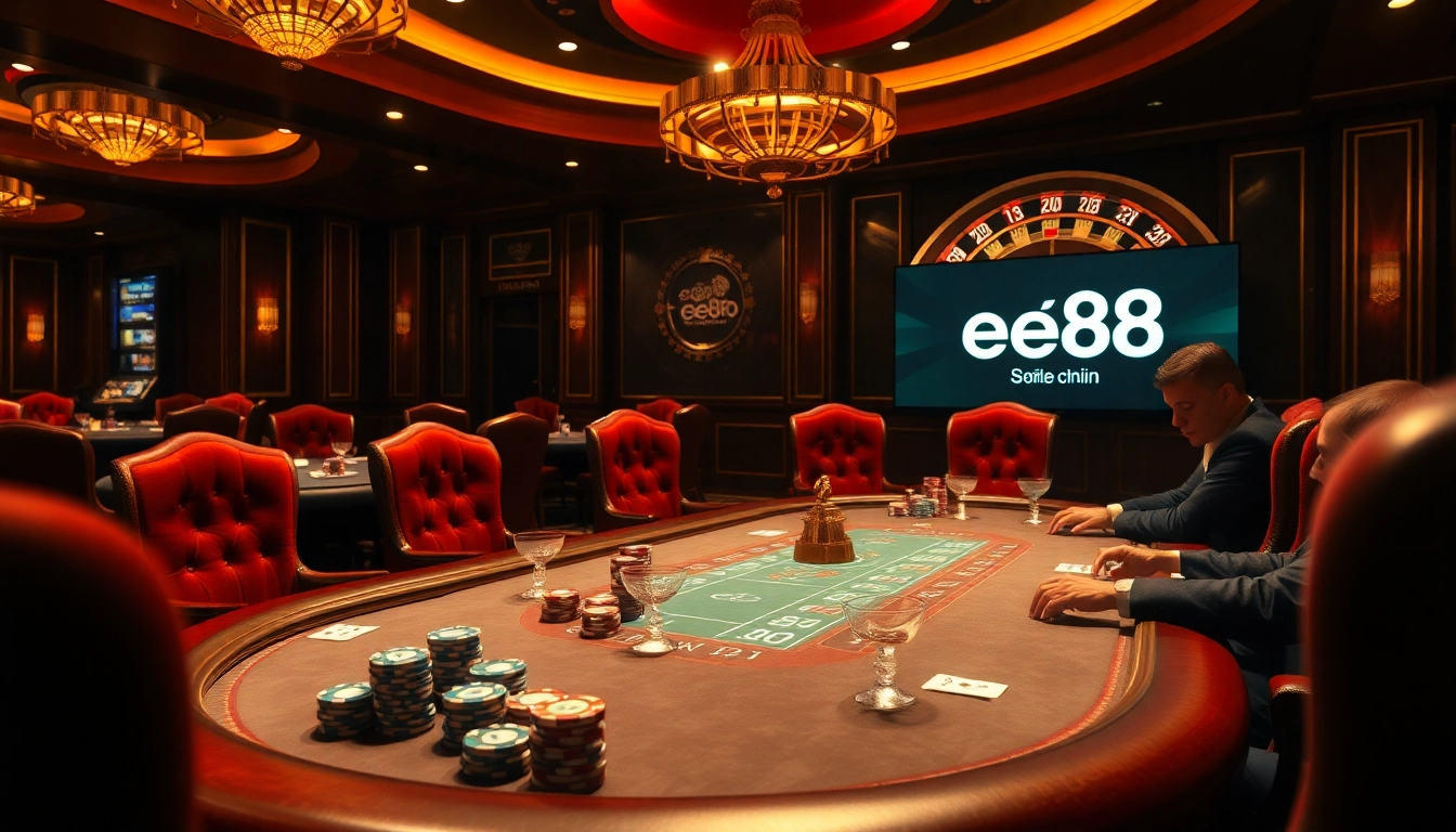 A dynamic scene of a poker game at the ee88 casino showcasing high-stakes excitement and luxury.