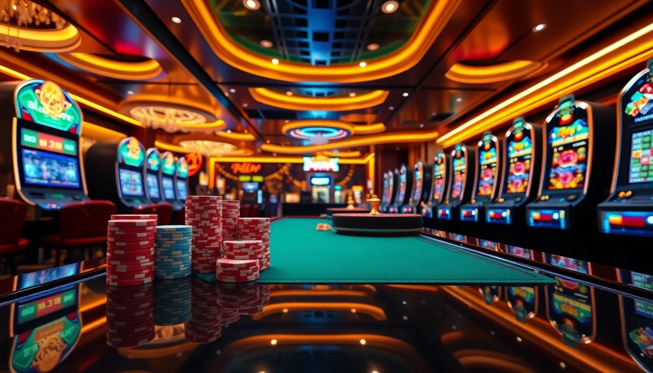 Engage with https://nohu90.pink/ at a vibrant casino table full of poker chips and spinning roulette wheels.