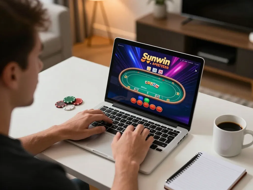Engaging in online poker strategy at Sunwin from a cozy home setup, showcasing modern gaming