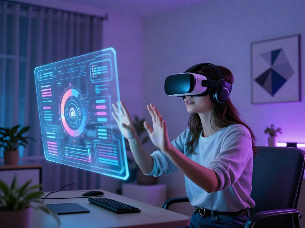 Exploring AI +18 innovations with virtual reality experience in a modern tech setting.