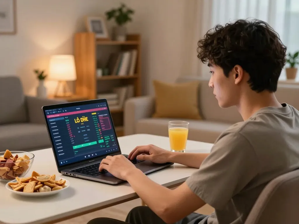 Engaging in Lô Đề Online gaming at home with snacks and drinks in a cozy atmosphere.