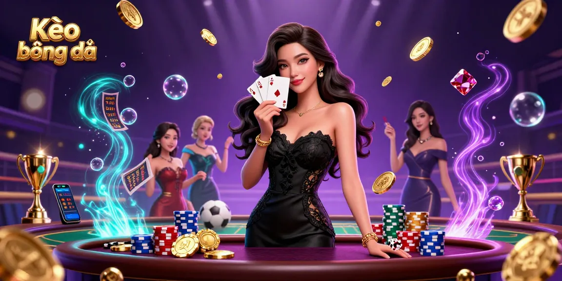 Experience thrilling Kèo bóng đá action with an elegant woman holding ace playing cards amidst dynamic sports betting elements.