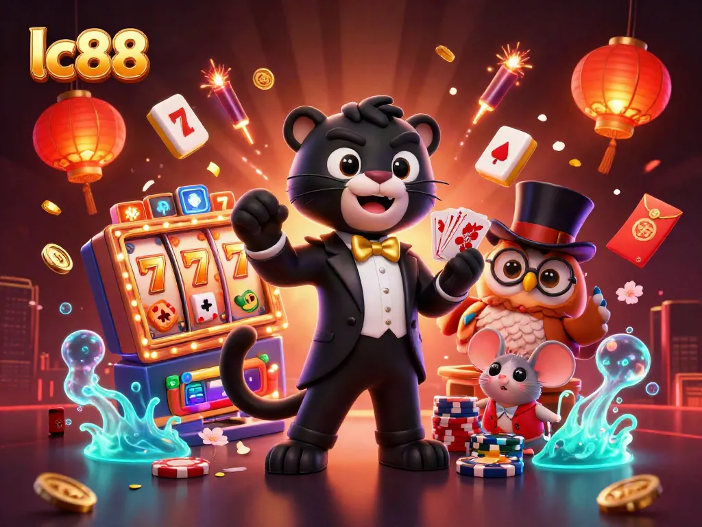 Experience thrilling lc88 casino action with a vibrant 3D scene featuring a stylish panther dealer, an owl with poker chips, and festive game elements.