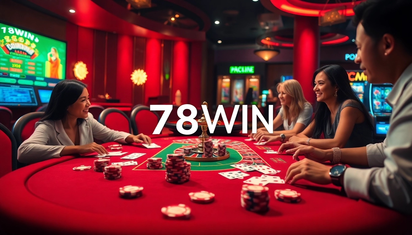 Players enjoying high-stakes poker at 78WIN casino, showcasing excitement and luxury.