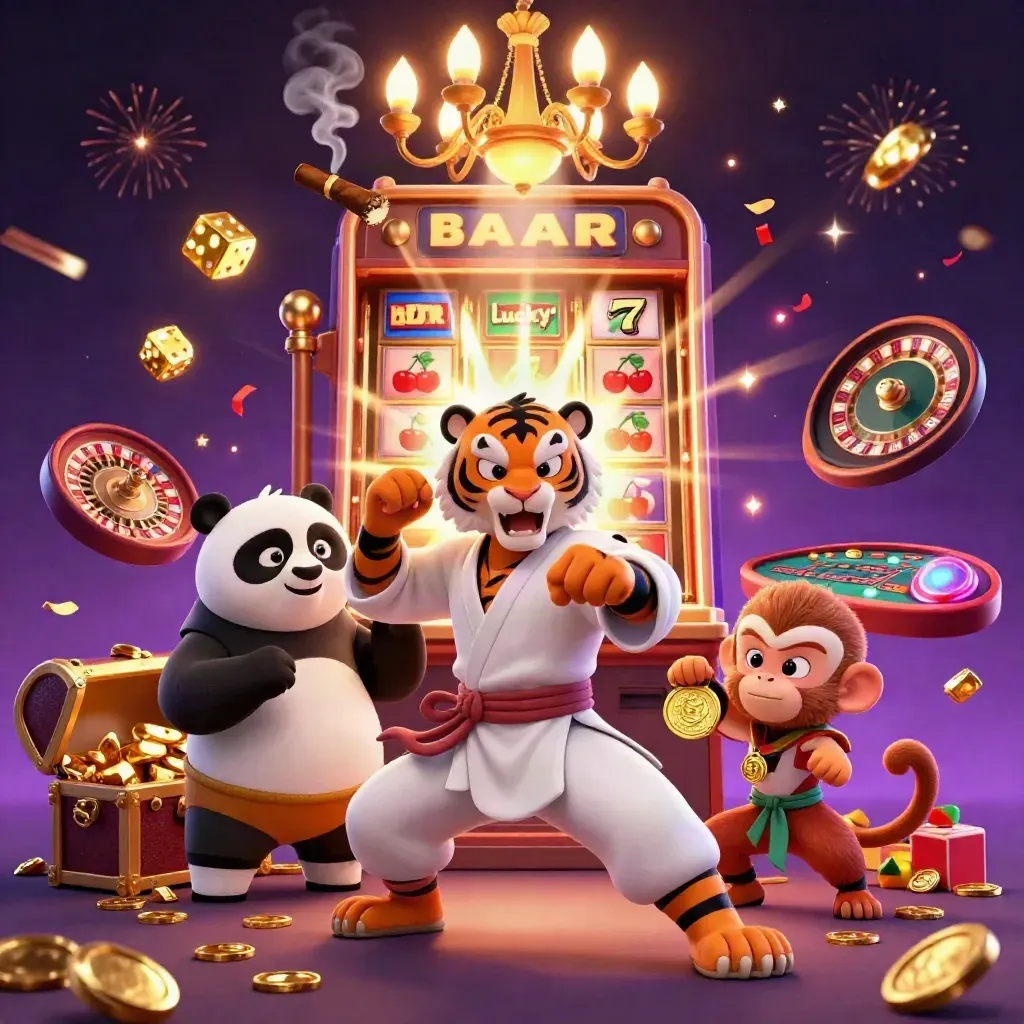 Kung-fu tiger, panda, and monkey amid a bursting slot machine in a luxe casino glow.