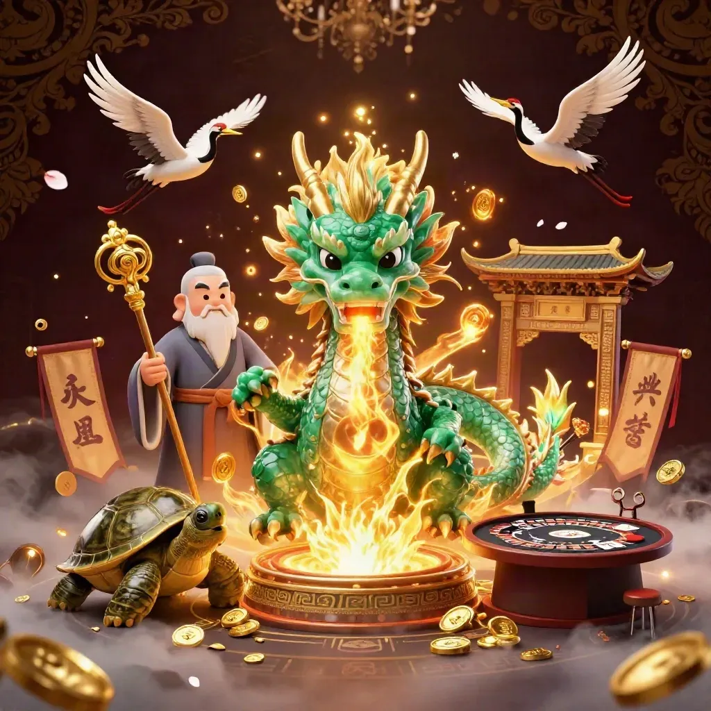 Jade dragon, turtle sage, and cranes in a luxury casino fantasy scene