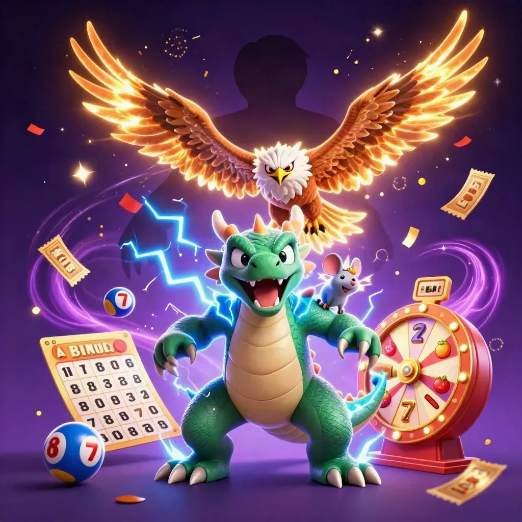 Thunder dragon, wind hawk and static mouse amid casino bursts on a dark neon starfield.