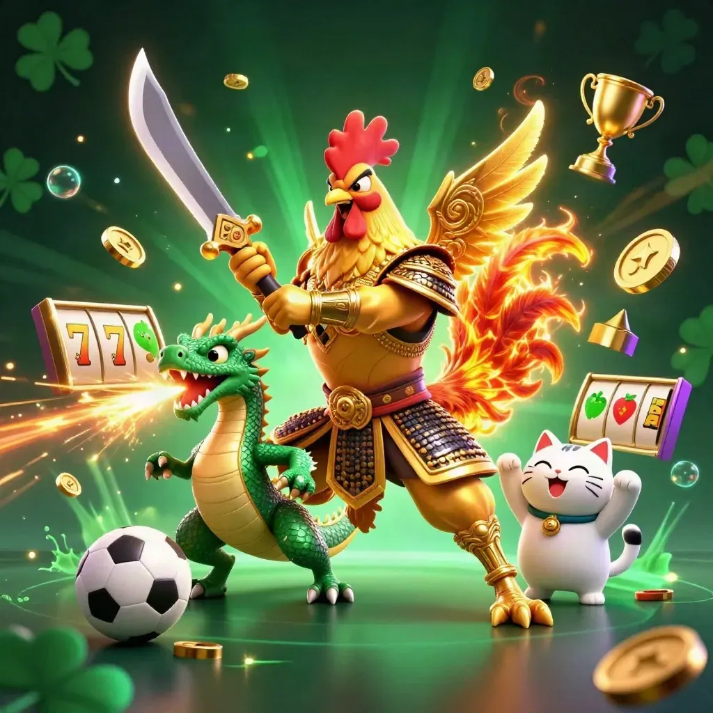 Rooster samurai, dragon hatchling, and lucky cat amid coins, trophies, and glowing casino effects.